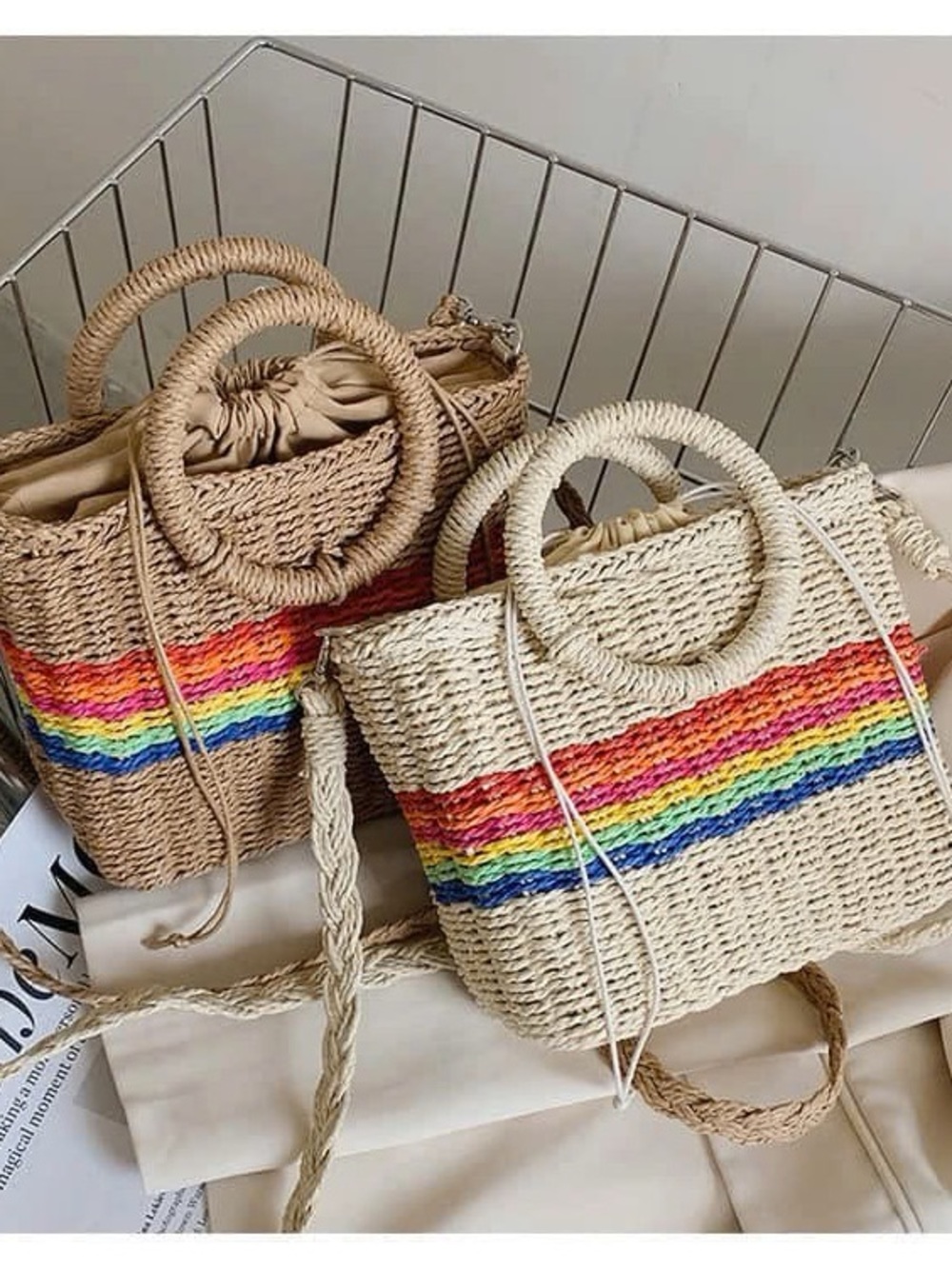Woven Rainbow Stripe Straw Tote Bag - Natural
